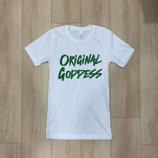 “ORIGINAL GODDESS” Tee - GREEN GLITTER